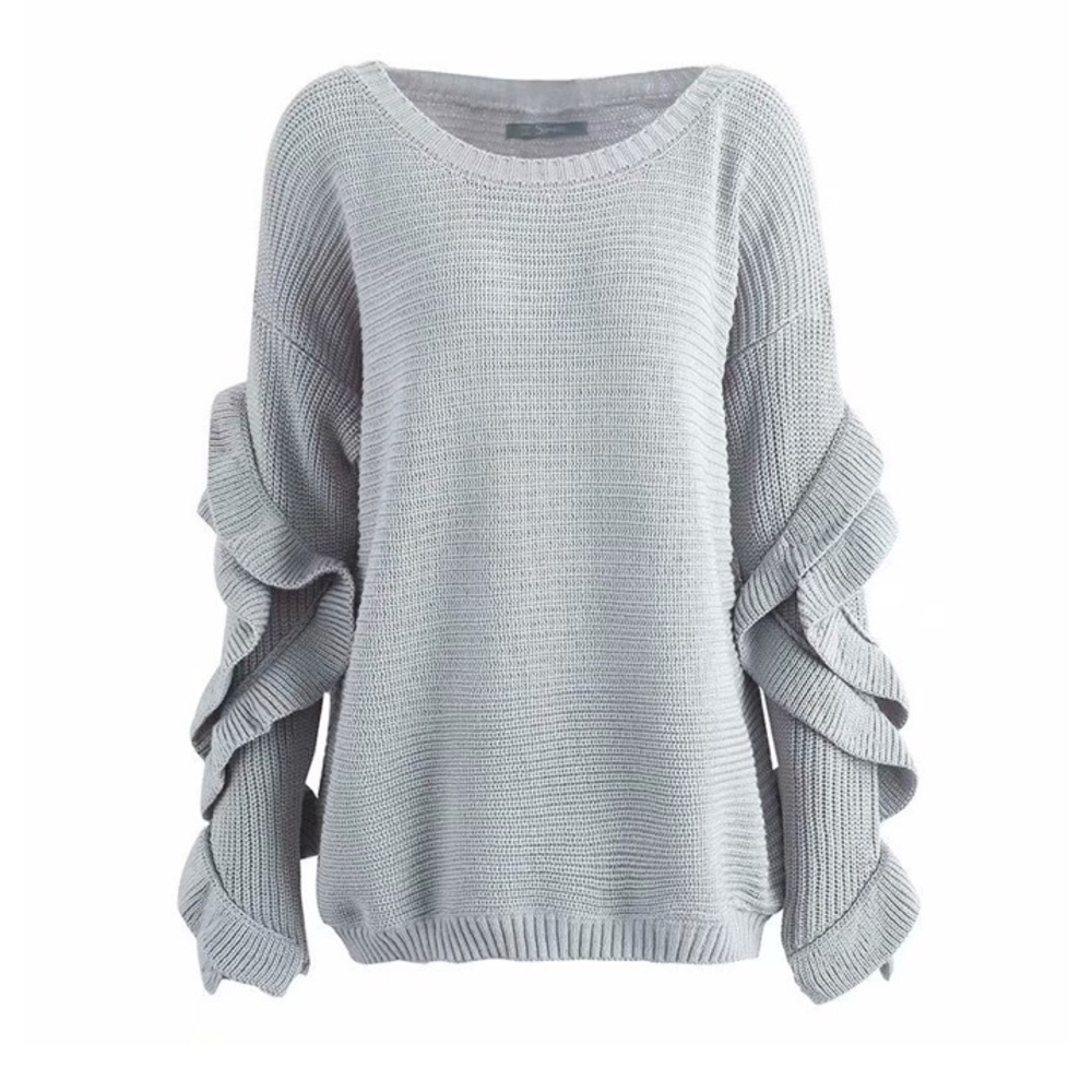 Gray Ruffled Sleeve Knit One Size Sweater - Picture 4 of 8